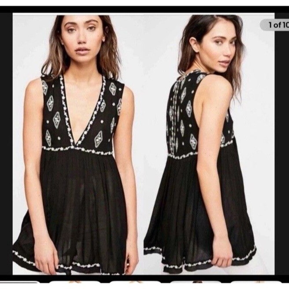 Free People Diamond Embroidered Top Black M Boho